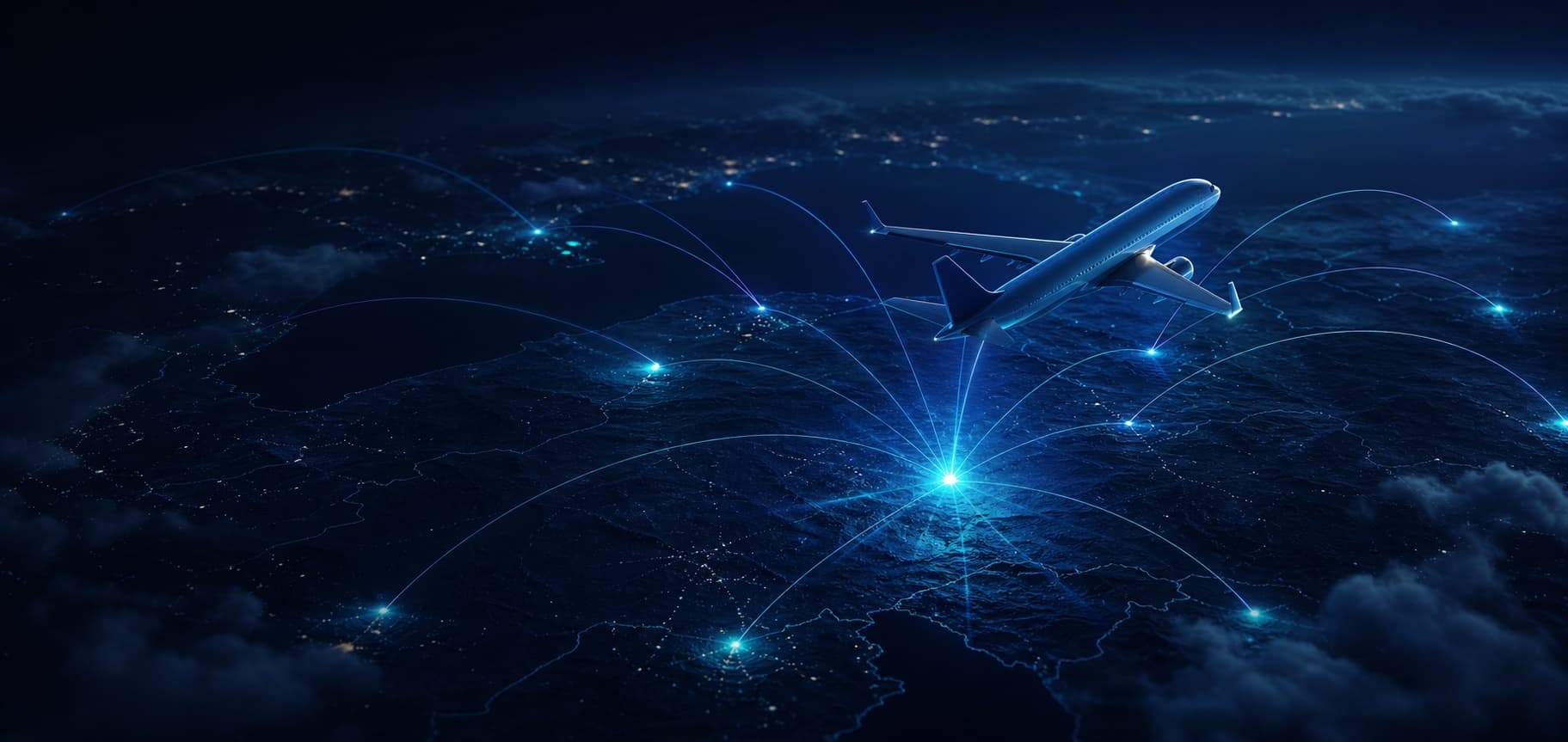 An airplane flying above a dark route map with luminous flight paths originating from Ankara